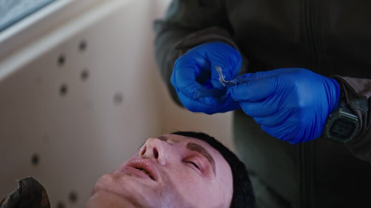 Confident male medic in dark green uniform and blue gloves prepares a tube to be inserted into the nose of a soldier doll during training and conducting a course in first aid in military conditions