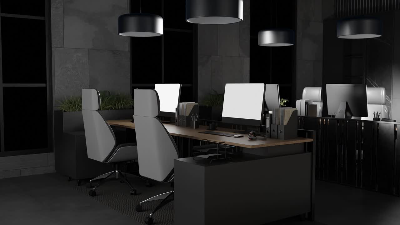 Modern office interior with desks, chairs, computers and blue lighting. Contemporary workplace and technology environment concept. Design for banner, poster, wallpaper, header