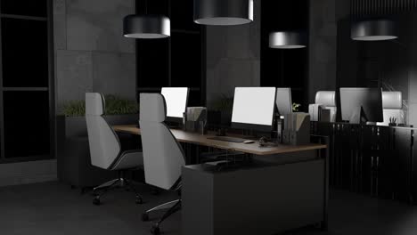 modern office interior with desks, chairs, computers and blue lighting. contemporary workplace and technology environment concept. design for banner, poster, wallpaper, header