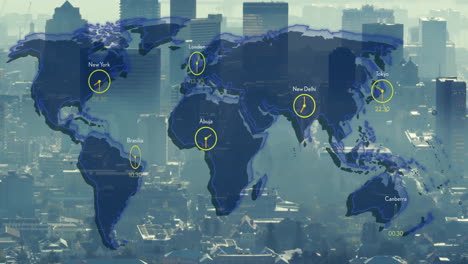 animation of world map and cities of world over cityscape