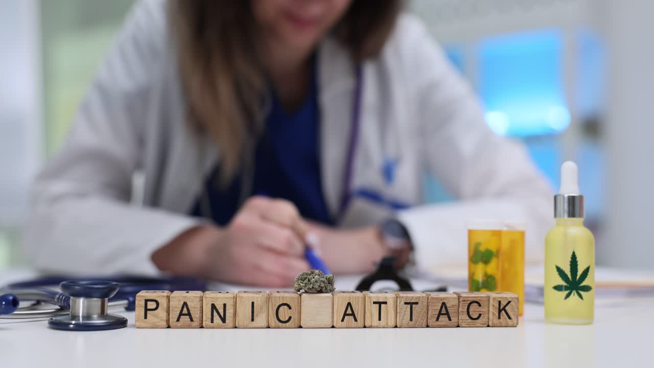 Cubos de madera muestran ataque de pánico cerca de aceite de cannabis medicinal.