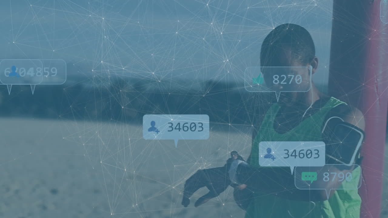 Animazione di una rete di connessioni con icone di social media su uno sportivo.