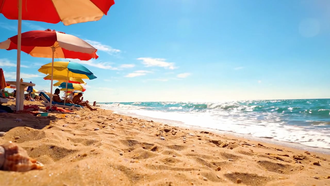 Een ontspannen dag op het strand: kleurrijke parasols en schelpen langs de kustlijn tegen een helderblauwe lucht en sprankelend water.