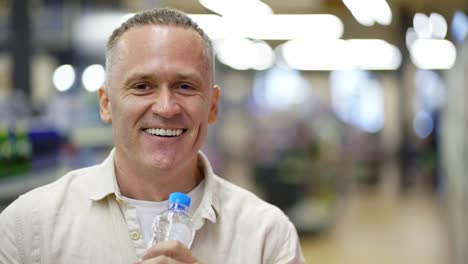 Portrait-of-a-middle-aged-man-who-sings-using-a-bottle-as-a-microphone.-Grocery-store-atmosphere.-The-concept-of-a-comic-action