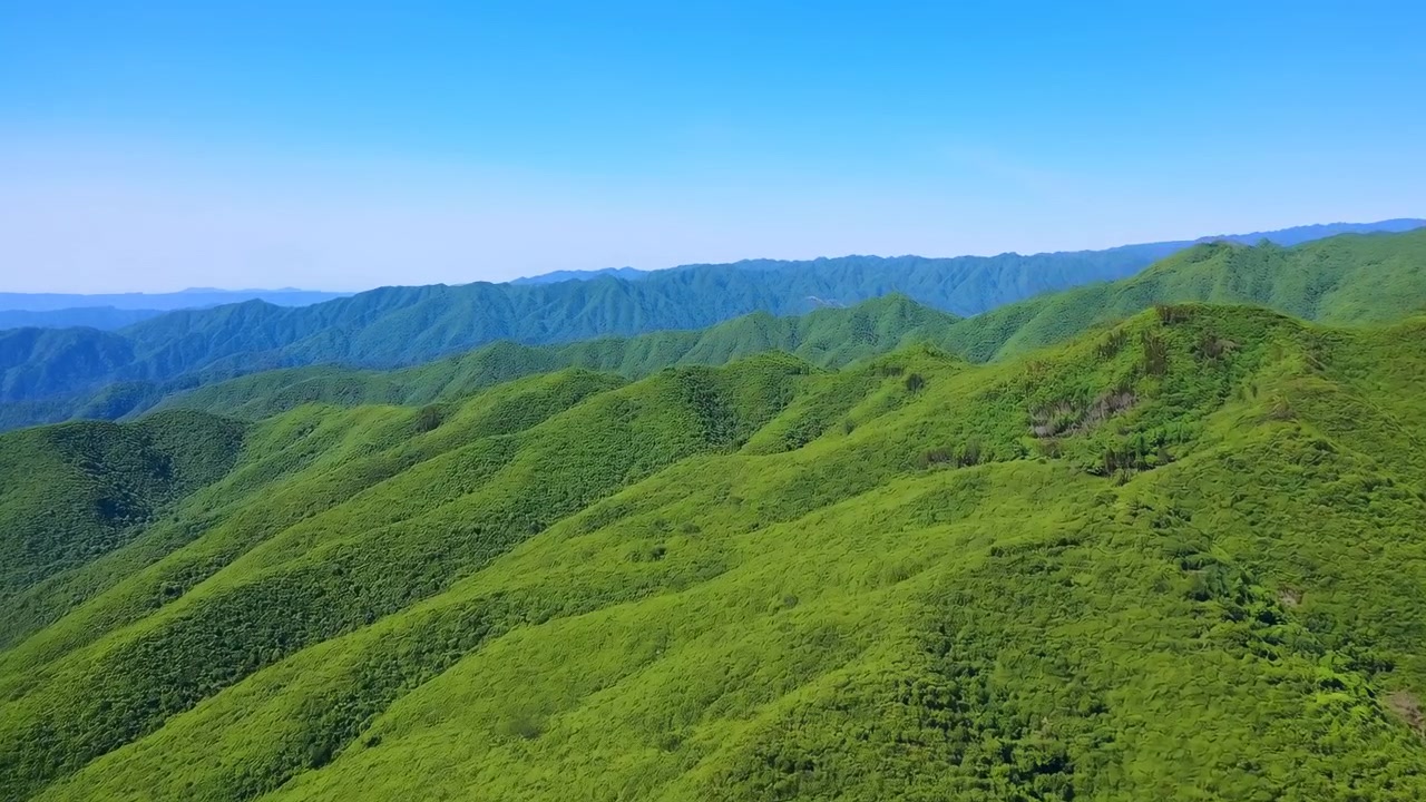 澄み切った青空の下、緑の草、低木、点在する木々に覆われた連なる丸みを帯びた山脈と柔らかな大気層が広がる高地の絶景。山と尾根が見えます。