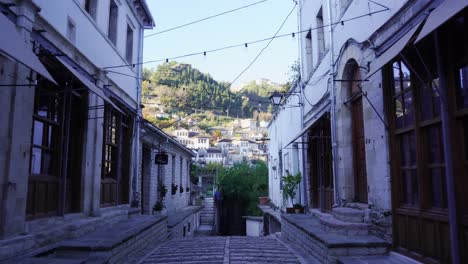 silent alleys paved with carved stones in gjirokastra old city and traditional houses