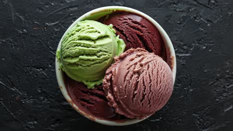 close-up of chocolate and mint ice cream scoops in a bowl