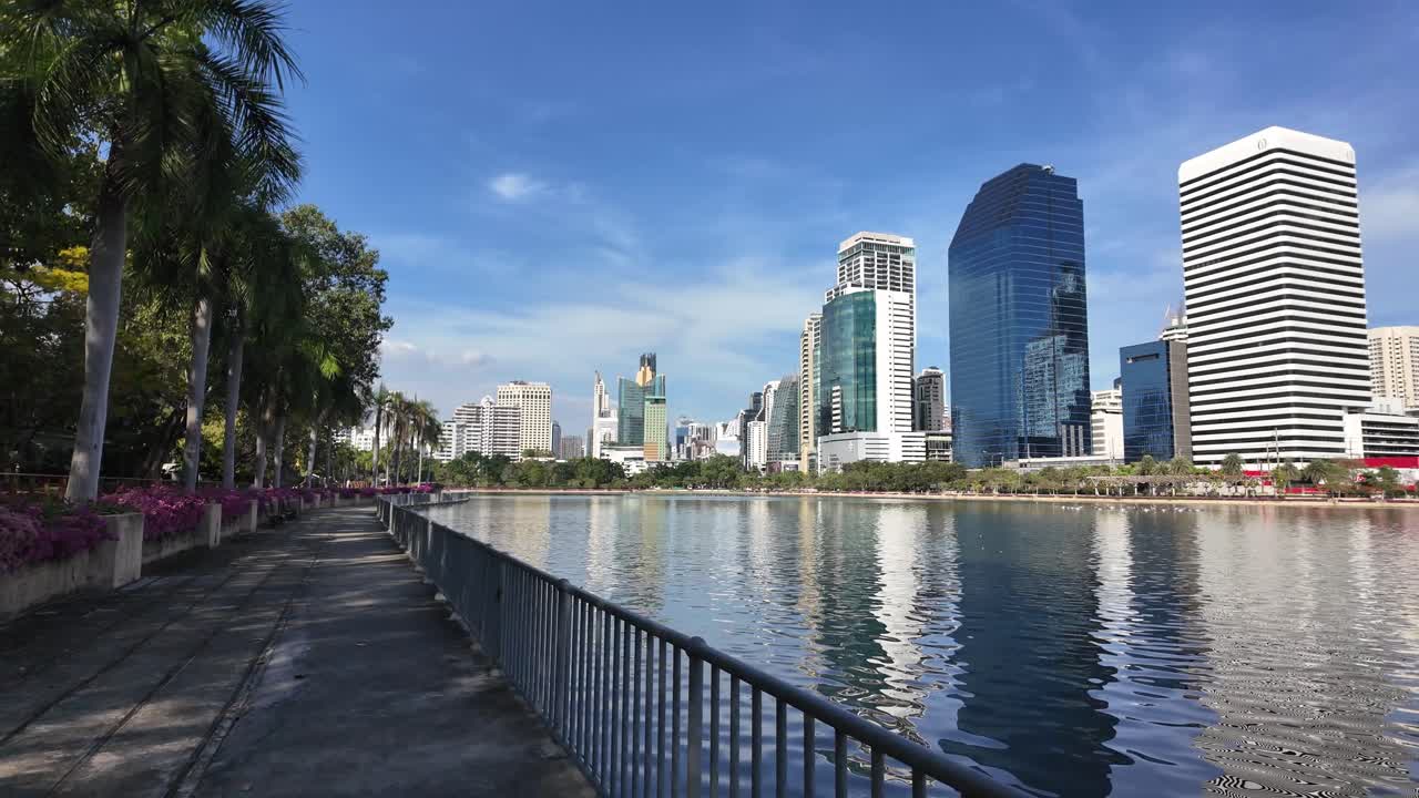 Bangkok modern city buildings skyline view from Benjakitti park Thailand