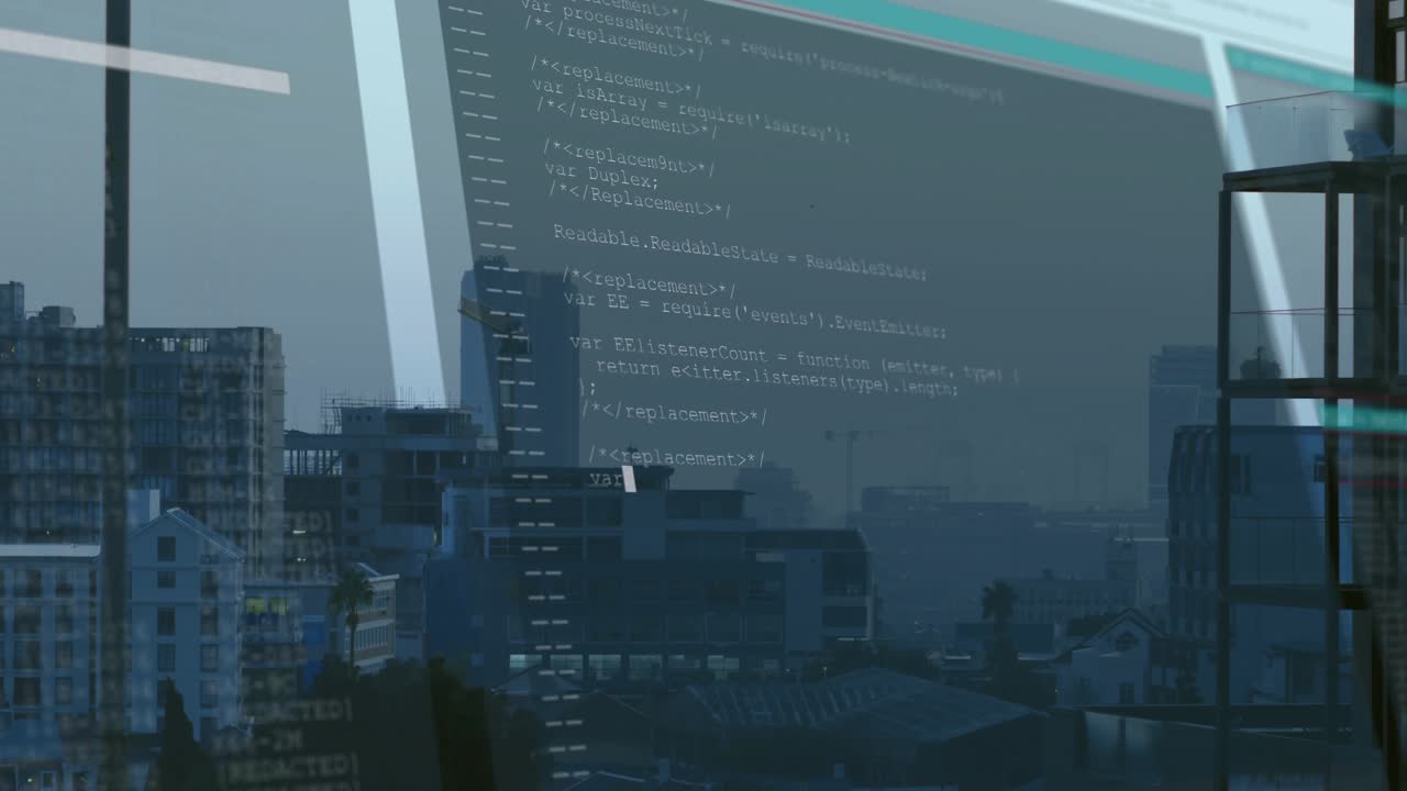Skyline settling starting translucent code overlay appearing and scrolling showing code layering