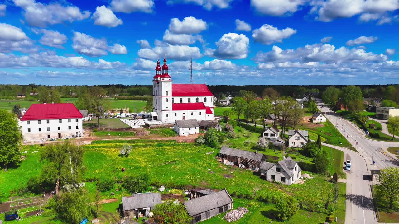 Skaistkalne Rural Church of the Assumption of the Blessed Virgin Mary In Latvia. Aerial Drone Shot