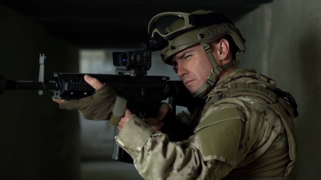Soldier in tactical gear aiming an assault rifle in a dark tunnel