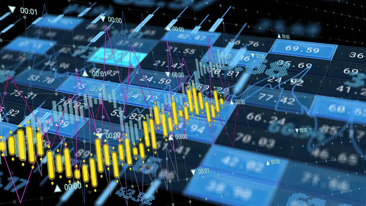 Animation of financial data processing on screens over black background