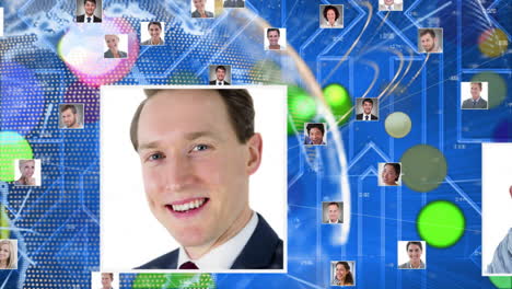 connected profile pictures, social network animation on blue digital background