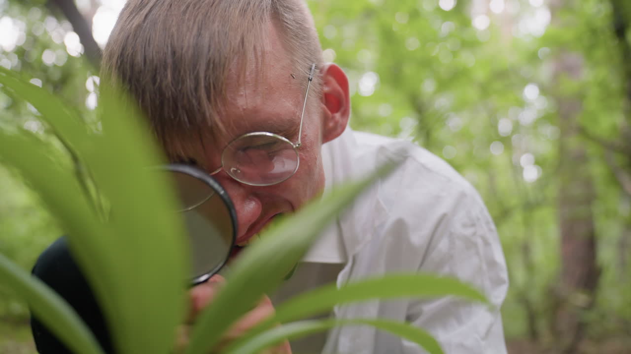 Young biologist in white coat with glasses closely observes blurred plant in forest using magnifying glass, focusing on ecological research, scientific study, and documentation