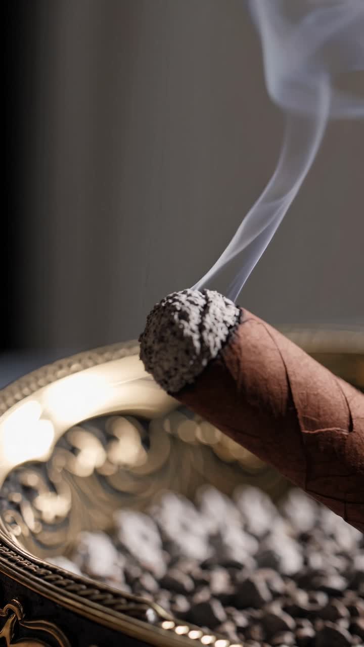 Close-up of a lit cigar with smoke rising, captured at a low angle