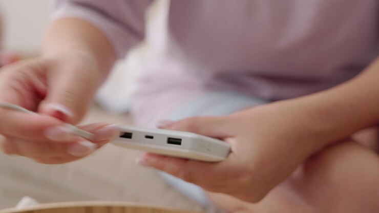 Woman unsuccessfully trying to connect charging cable to power bank, problem with smartphone charging