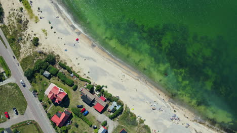 top-down shot of coral reef under the clear baltic sea with fine sand along the shore in byxelkrok, öland, sweden - aerial drone ascend