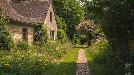 a serene garden pathway leading to a charming cottage surrounded by lush greenery and vibrant flowers, capturing the essence of tranquil countryside living
