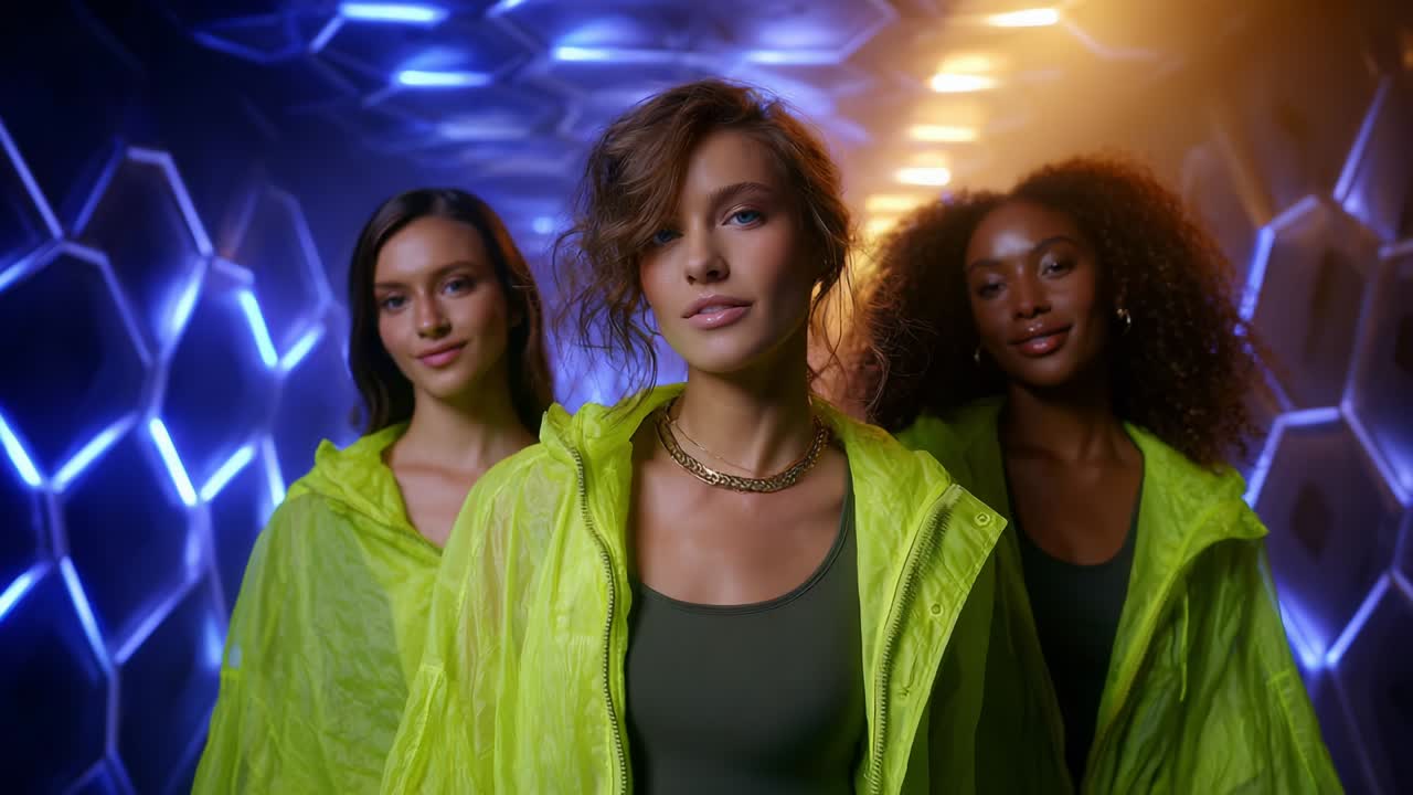 Three Confident Women in Neon-Style Jackets Pose Together Against a Futuristic Background with Vibrant Lighting, Showcasing Style, Empowerment, and Fashion Innovation in a Modern Atmosphere