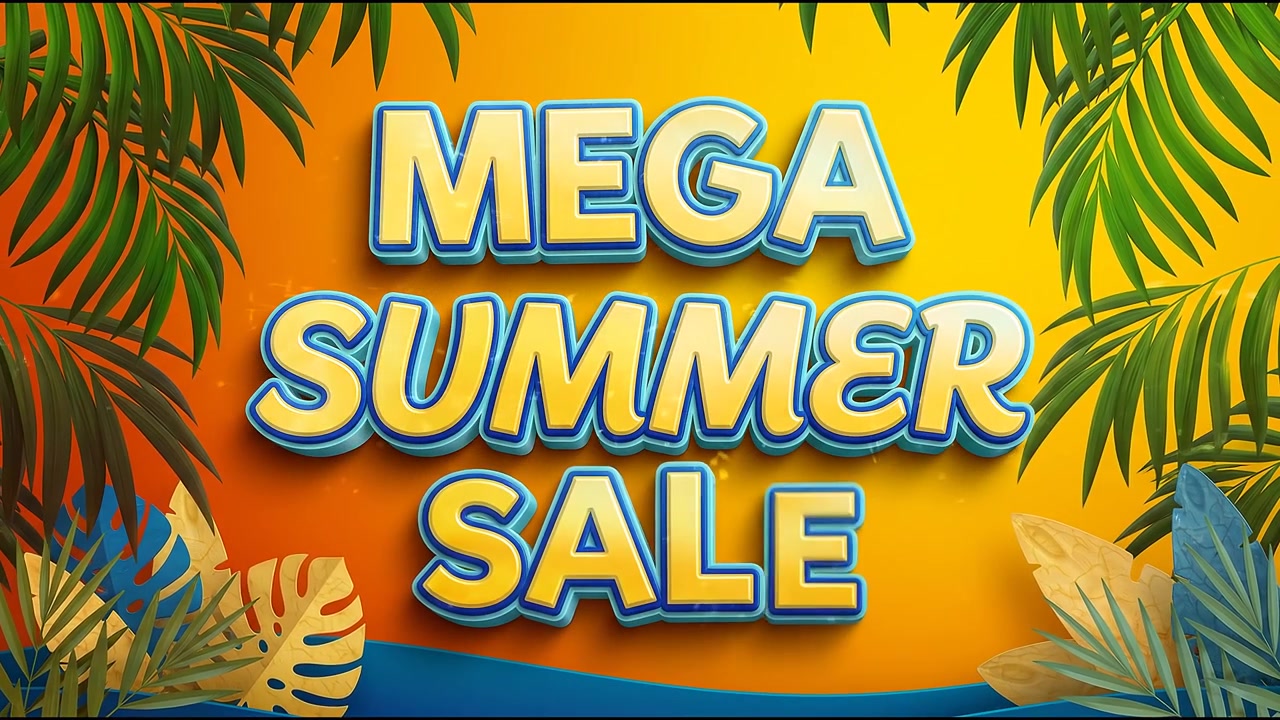 Animação de Banner Promocional Mega Promoção de Verão com Tipografia Azul Arrojada e Fundo de Férias Tropicais