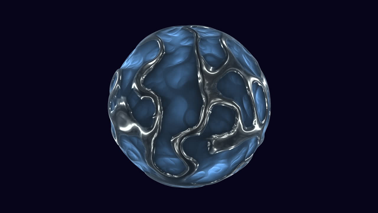 A spherical blue object with intricate swirling patterns, likely made of reflective material, is shown in the image