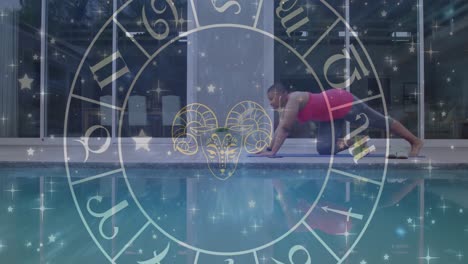 círculo de signos del zodiaco sobre mujeres biraciales practicando yoga