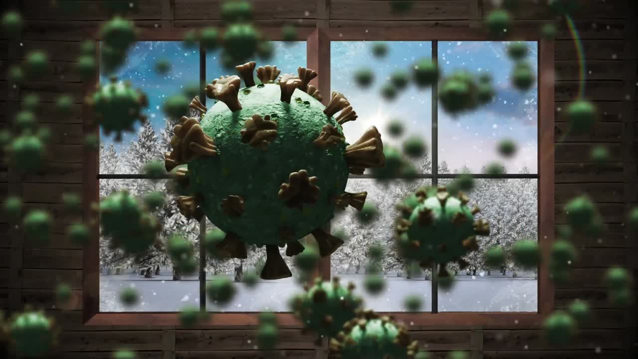 Animation af covid-19-celler der bevæger sig over et vinterlandskab med grantræer og snefald