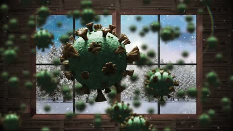 animation of covid 19 cells moving over winter scenery with fir trees and snow falling