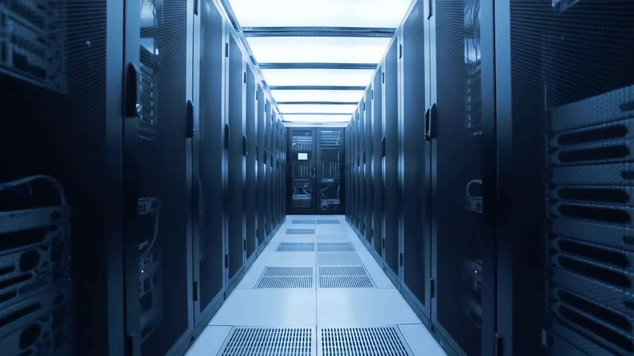 A Glimpse Inside a High-Tech Data Center: A Long Aisle Flanked by Sleek Server Racks and Advanced Network Infrastructure in a Cloud Environment