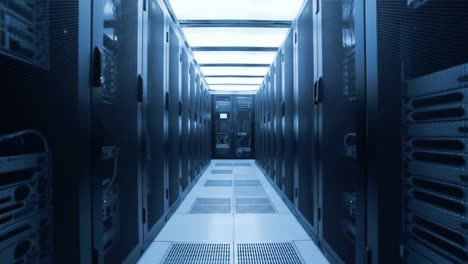 a glimpse inside a high-tech data center: a long aisle flanked by sleek server racks and advanced network infrastructure in a cloud environment