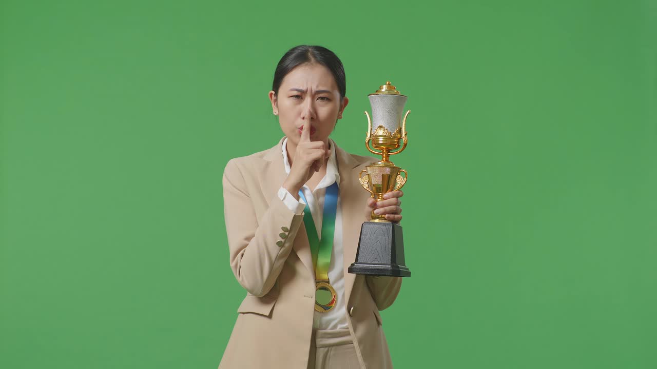 mujer de negocios asiática en traje con una medalla de oro y trofeo haciendo un gesto de silencio diciendo que es un secreto para ganar como el primer ganador en el fondo de la pantalla verde en el estudio