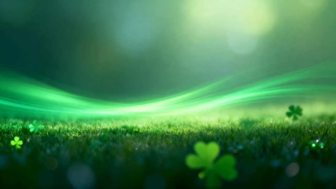 Appearing luminous green ribbon sweeping midbackground in grassy meadow, dew clovers glinting