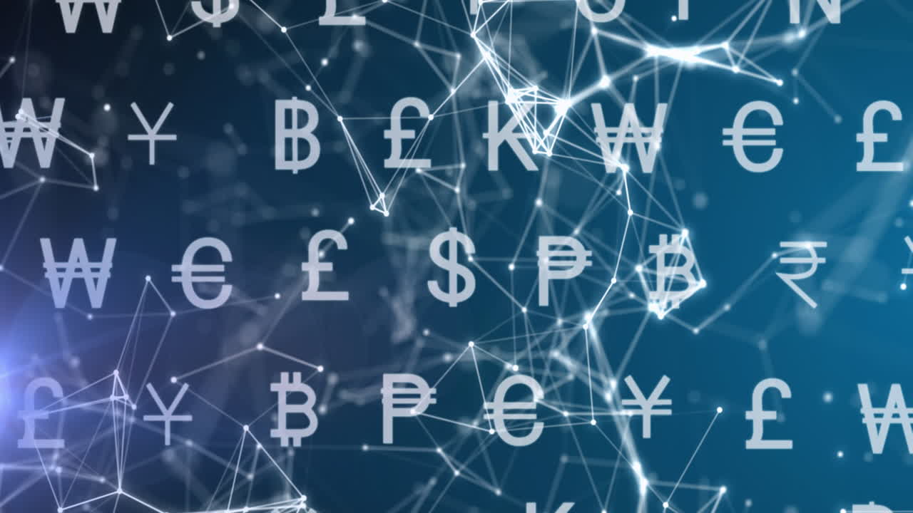 Animazione di simboli di valuta su rete di connessioni su sfondo nero