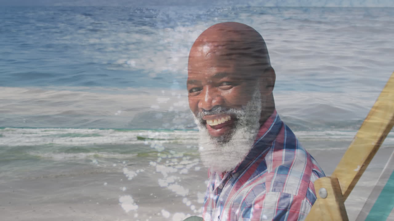 animación de un anciano afroamericano feliz sentado en la playa sobre el mar