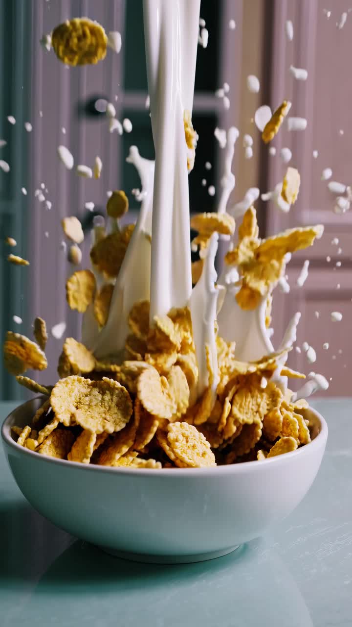 Video ravvicinato del latte che viene versato in una ciotola di cereali da un angolo elevato, catturando lo schizzo e il movimento