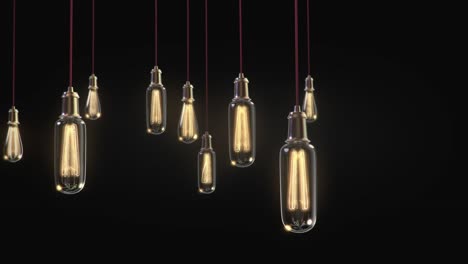 grupo de luces de bombilla vintage con flash de lente animación de renderización 3d. las luces están encendidas.