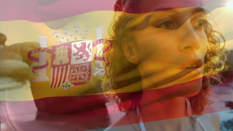 spanish flag animation overlaying contemplative person outdoors, creating reflective atmosphere
