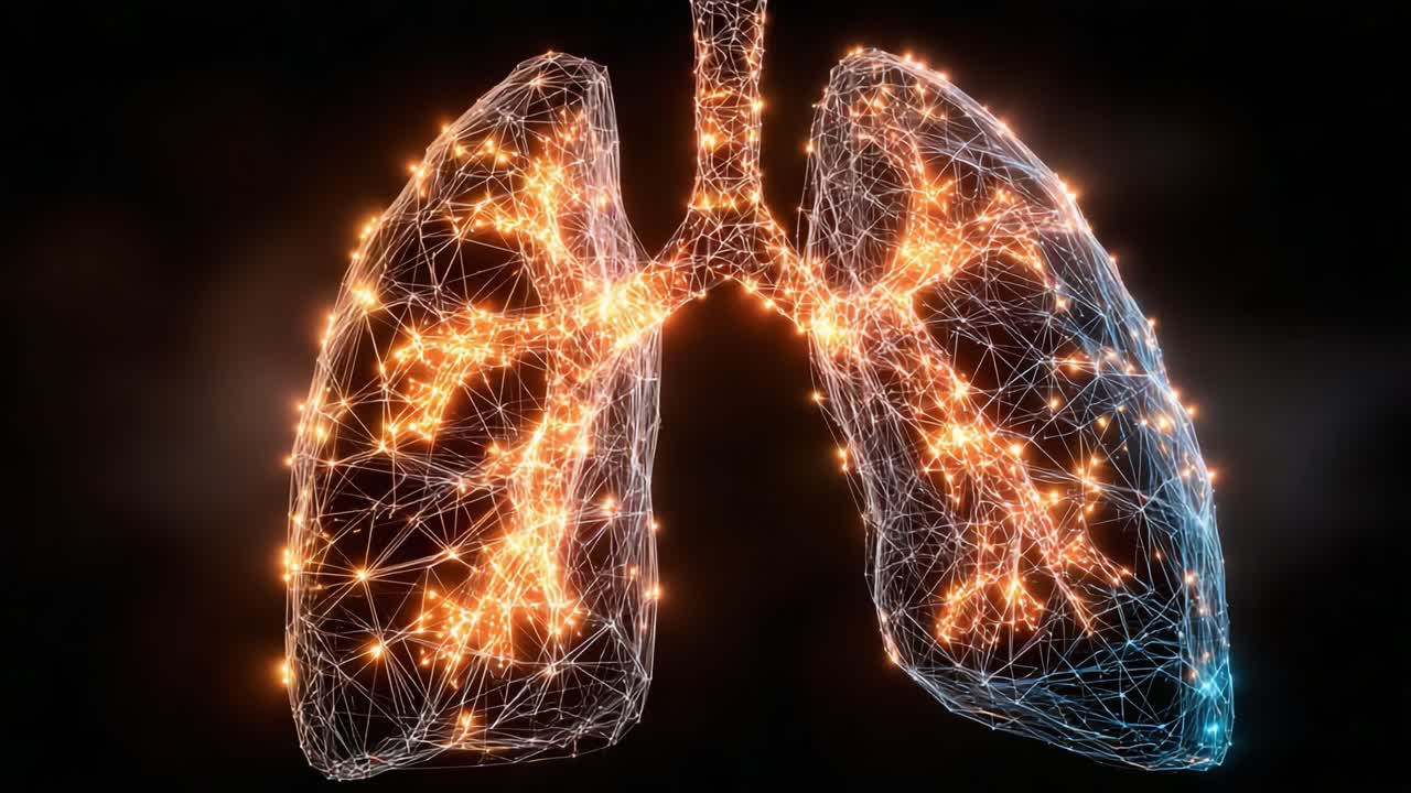 Una visualizzazione mozzafiato dei polmoni umani come una rete di luce ed energia, che evidenzia le intricate strutture e il ruolo vitale del sistema respiratorio nella vita.