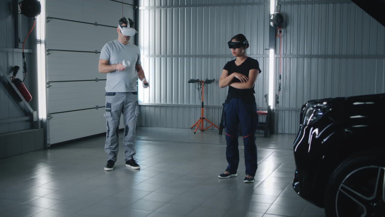 Automotive professionals using VR/AR headsets for vehicle inspection or training in a garage