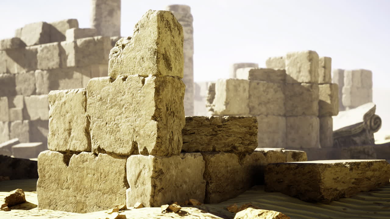 Ancient stone ruins in a desert landscape under bright sunlight