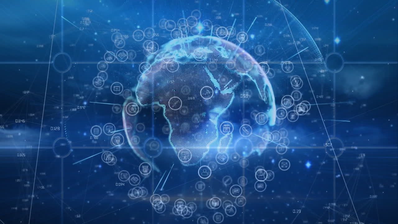 Animation showing digital globe with network connections and data icons floating