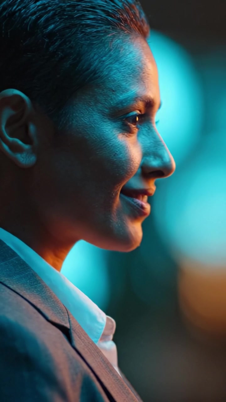 A contemplative individual in profile, illuminated by dramatic blue lighting, showcasing a moment of introspection and depth in a dynamic environment.