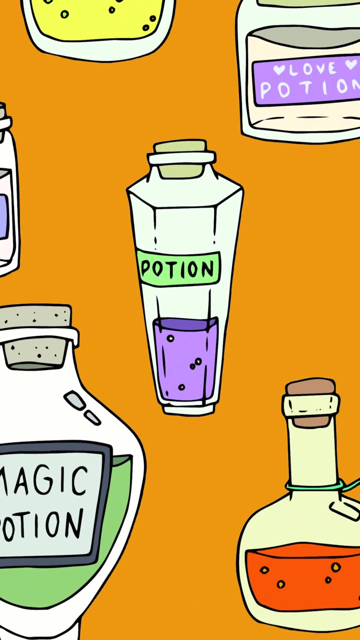 Animation of bottles of macic potion over orange background