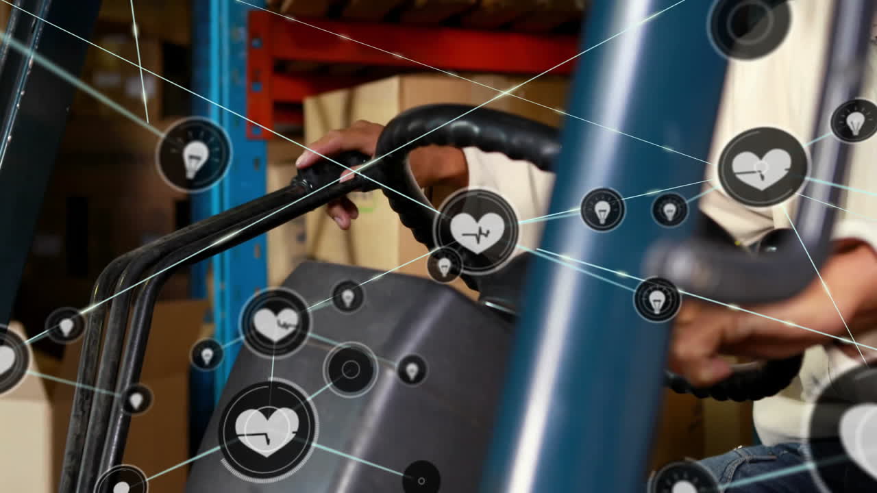 maquinaria operativa en el almacén, persona rodeada de iconos de salud y fitness animación