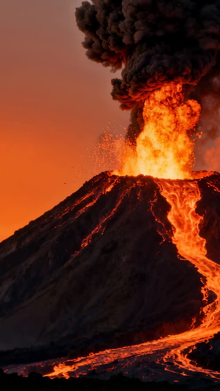 Video verticale: Cono in eruzione che lancia un getto di lava verso il cielo al tramonto, con il magma che alimenta la colonna di cenere e il flusso