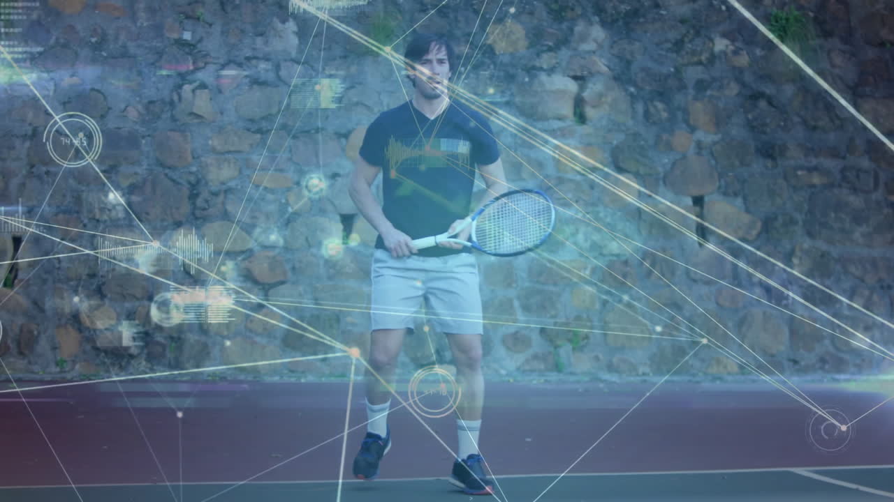 tennis player holding racket on court, showing sports analytics overlay with network lines nodes