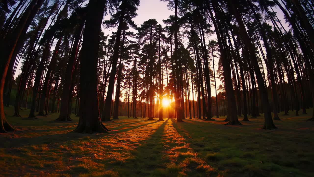 Sunlight filtering through a forest at golden hour