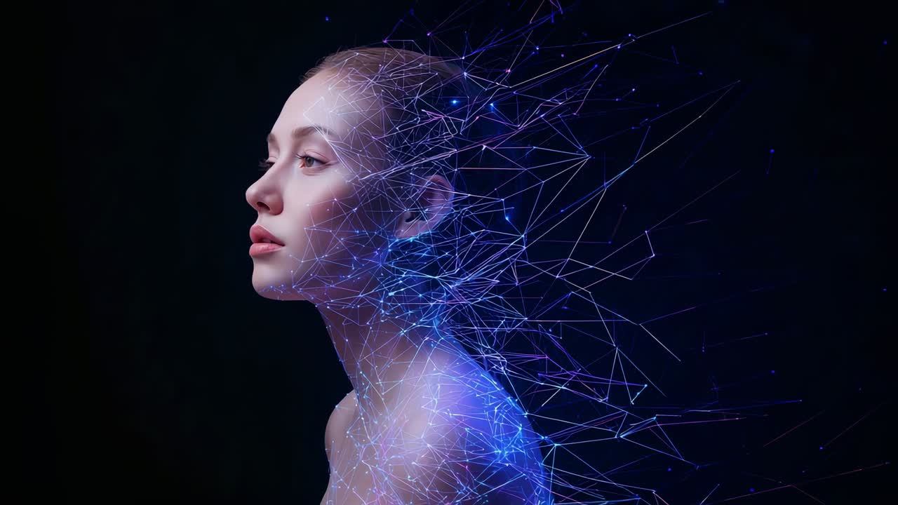 Forming nodes from woman's tied-back hair in dark studio, network forming digital art, copy space