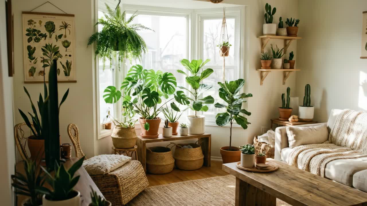 Salón luminoso y acogedor con muchas plantas de interior y decoración bohemia