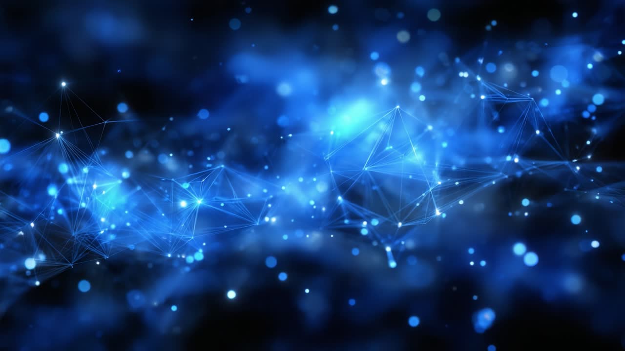 A Mesmerizing Display of Blue Particles and Light Connections Representing a Digital Network in a Cosmic Atmosphere